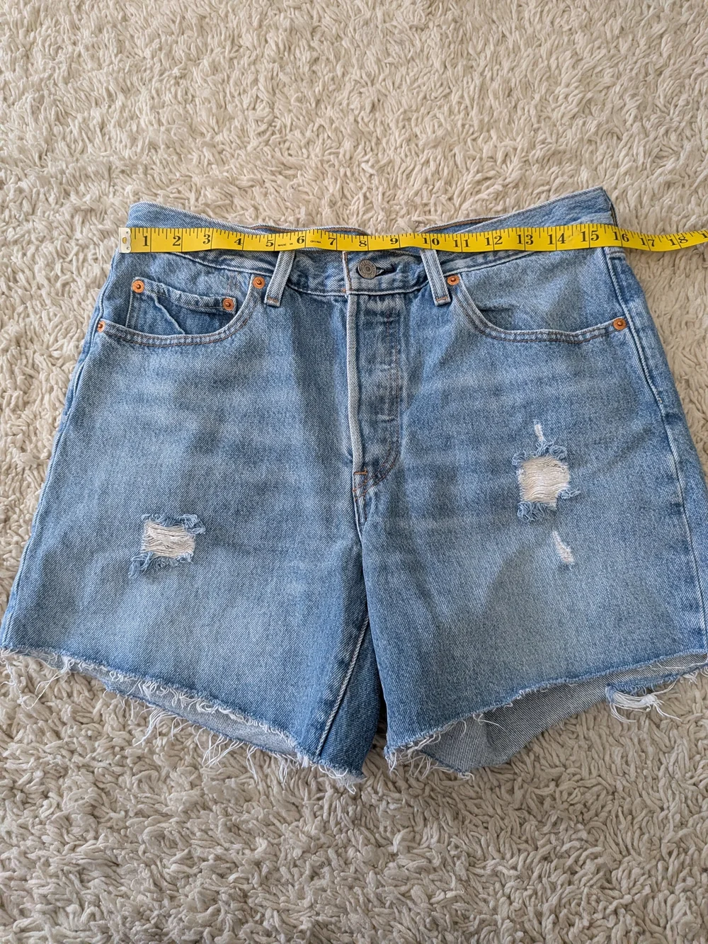 Levi's Big E 501 Distressed High Rise Denim Cut-Off Raw Hem Shorts